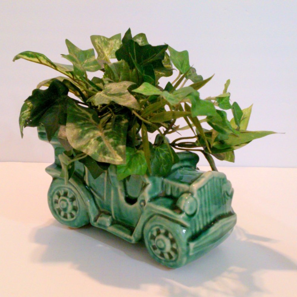 Vintage Mid Century Green Jalopy Car Ceramic Planter with Faux Ivy - Picture 2 of 7